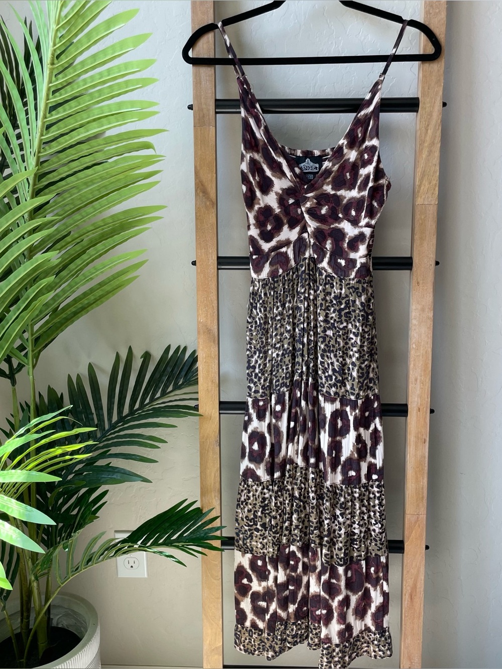 Angie Boho Leopard Print Tiered Maxi Dress in Brown